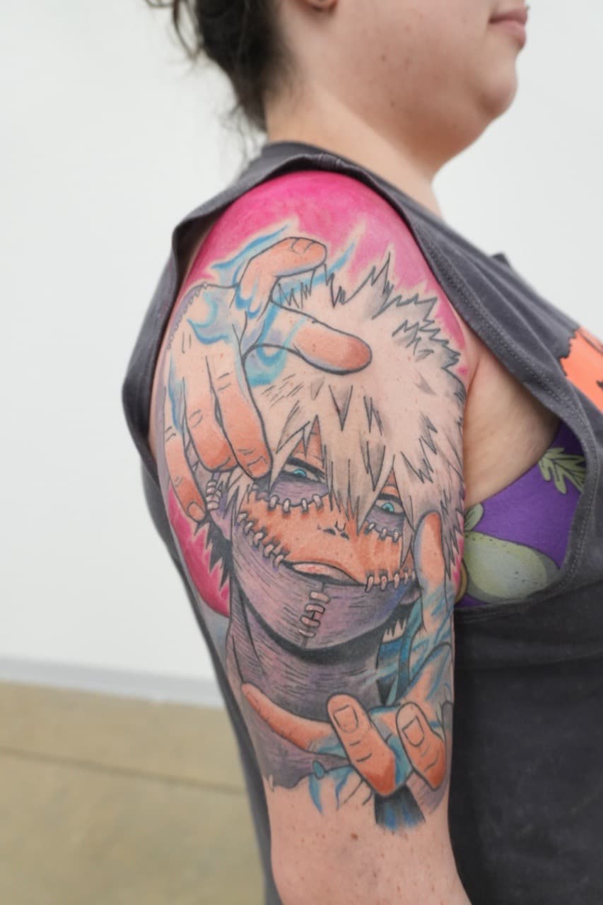 Anime + Color anime character tattoo on Upper Arm by Upside_Tattoo on TattMe