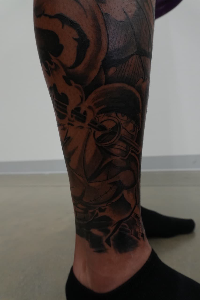 Black & Grey + Illustrative anime character tattoo on Calf by Upside_Tattoo on TattMe
