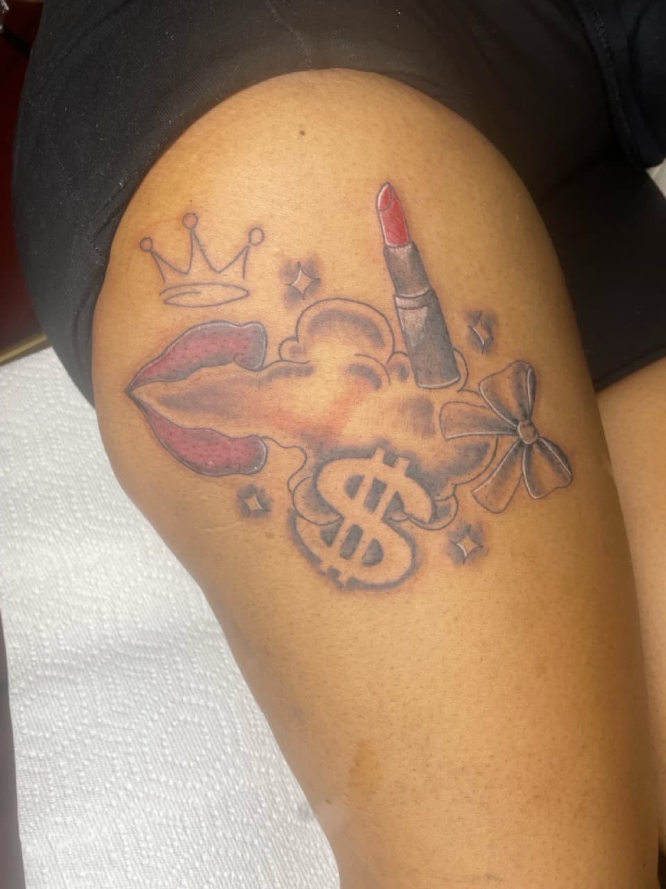 Illustrative + Color crown tattoo on Thigh by Bizzarreink on TattMe
