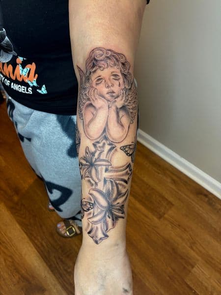 Black & Grey + Fine Line cherub tattoo on Forearm by Bizzarreink on TattMe