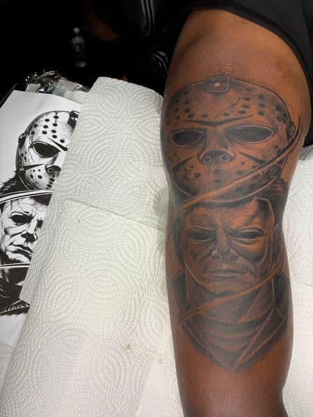 Black & Grey + Realism jason voorhees tattoo on Thigh by Bizzarreink on TattMe