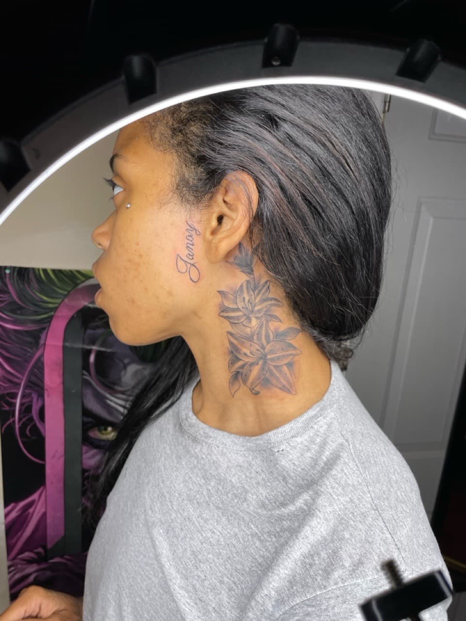 Floral + Black & Grey flowers tattoo on Neck (Side) by Bizzarreink on TattMe