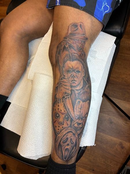 Black & Grey + Realism horror characters tattoo on Calf by Bizzarreink on TattMe