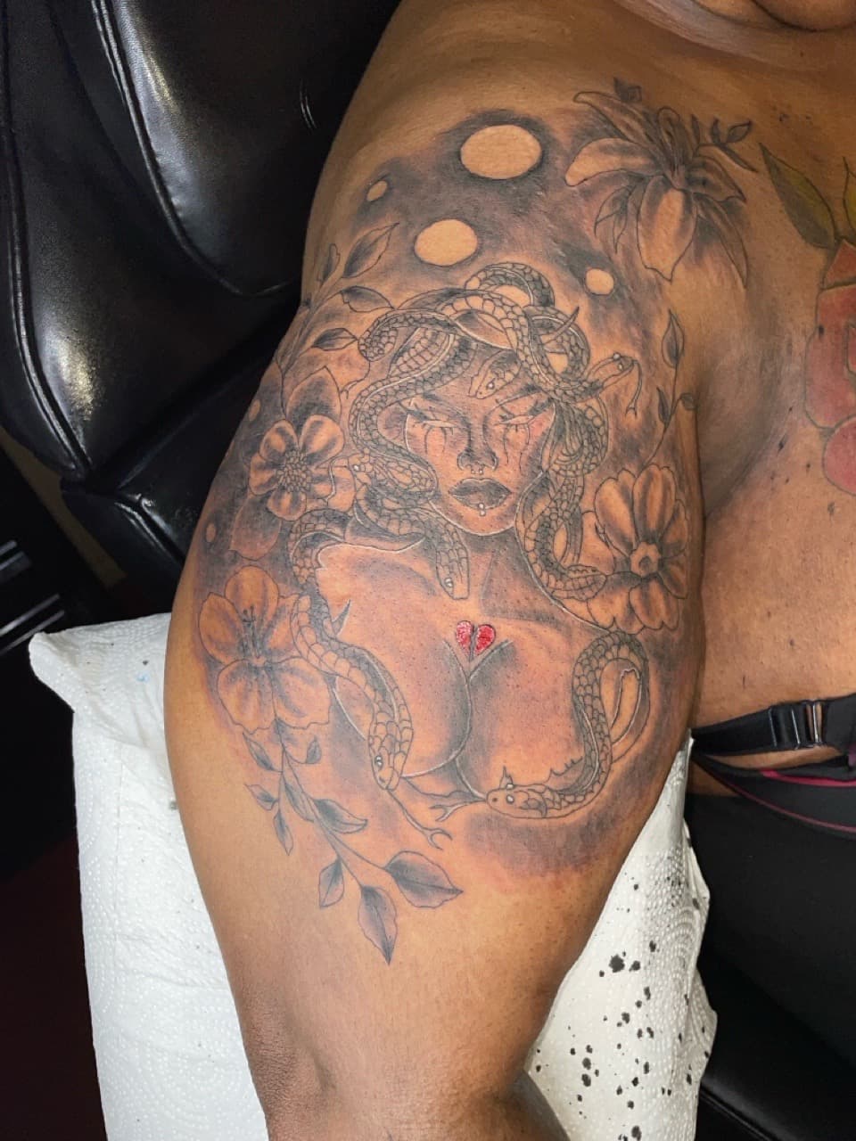 Black & Grey + Illustrative medusa tattoo on Upper Arm by Bizzarreink on TattMe
