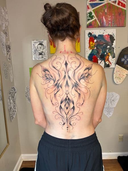 Fine Line + Black & Grey ornament tattoo on Spine by Bizzarreink on TattMe