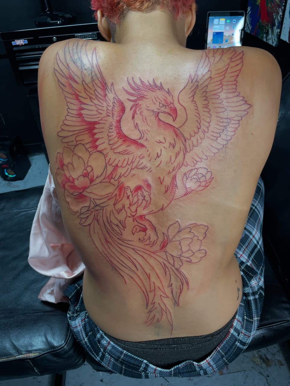 Line-work + Illustrative phoenix tattoo on Upper Back by Bizzarreink on TattMe