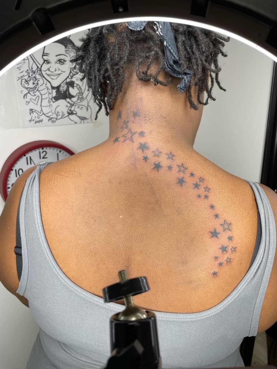 Black & Grey + Minimalist stars tattoo on Upper Back by Bizzarreink on TattMe