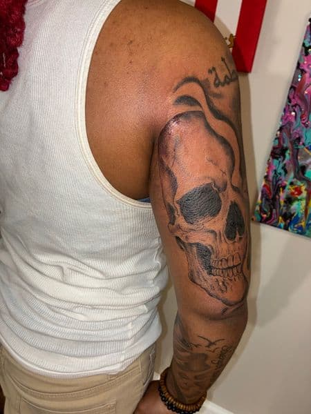 Black & Grey + Illustrative skull tattoo on Half Sleeve by Bizzarreink on TattMe