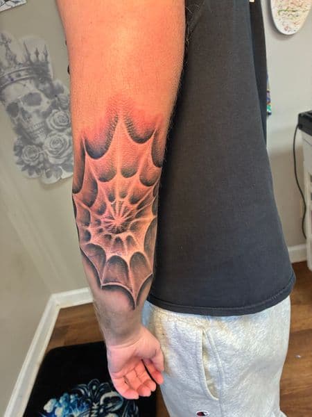 Black & Grey + Illustrative spider web tattoo on Elbow by Bizzarreink on TattMe