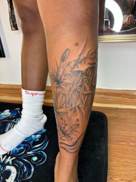 Illustrative + Black & Grey woman tattoo on Calf by Bizzarreink on TattMe
