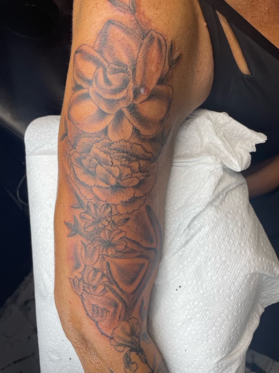 Fine Line + Black & Grey flowers tattoo on Half Sleeve by Bizzarreink on TattMe