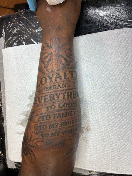 Black & Grey + Lettering cross tattoo on Forearm by Bizzarreink on TattMe