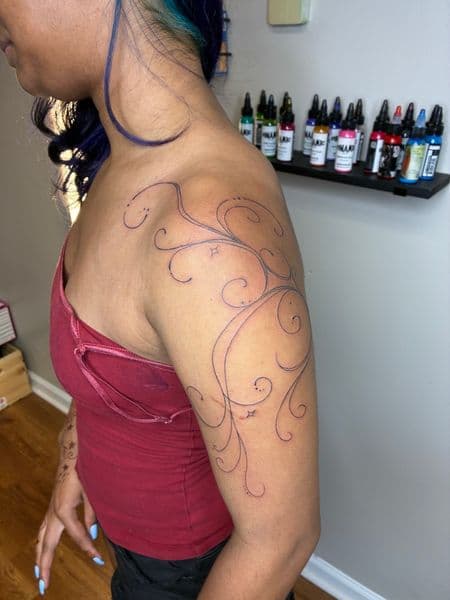 Fine Line + Line-work vines tattoo on Upper Arm by Bizzarreink on TattMe