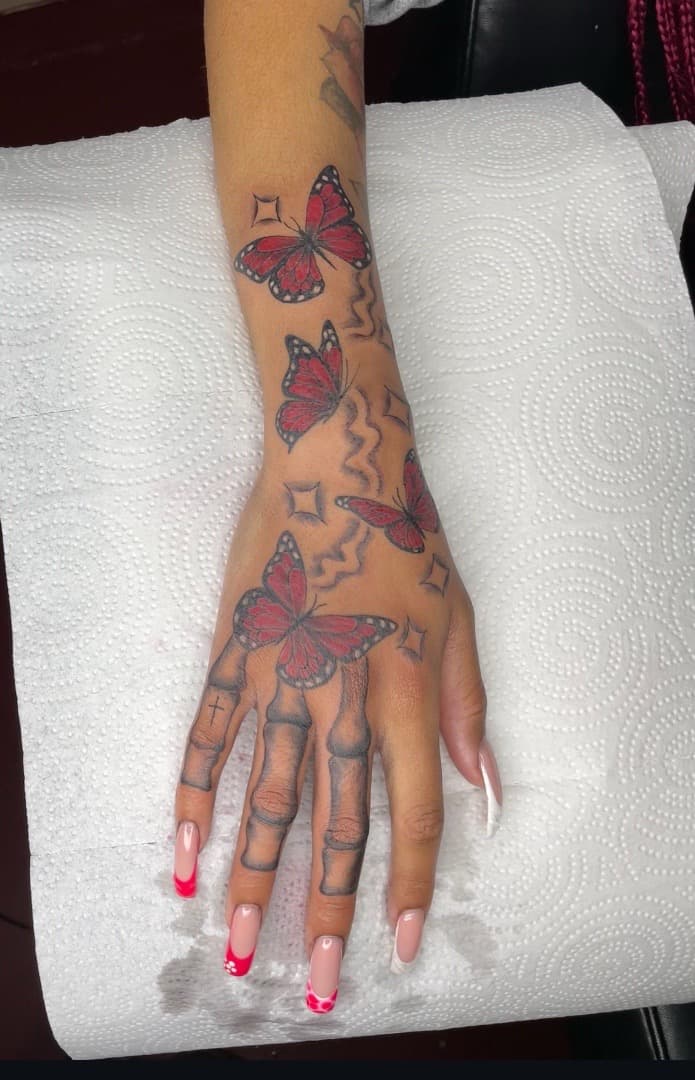 Color + Black & Grey butterflies tattoo on Hand by Bizzarreink on TattMe