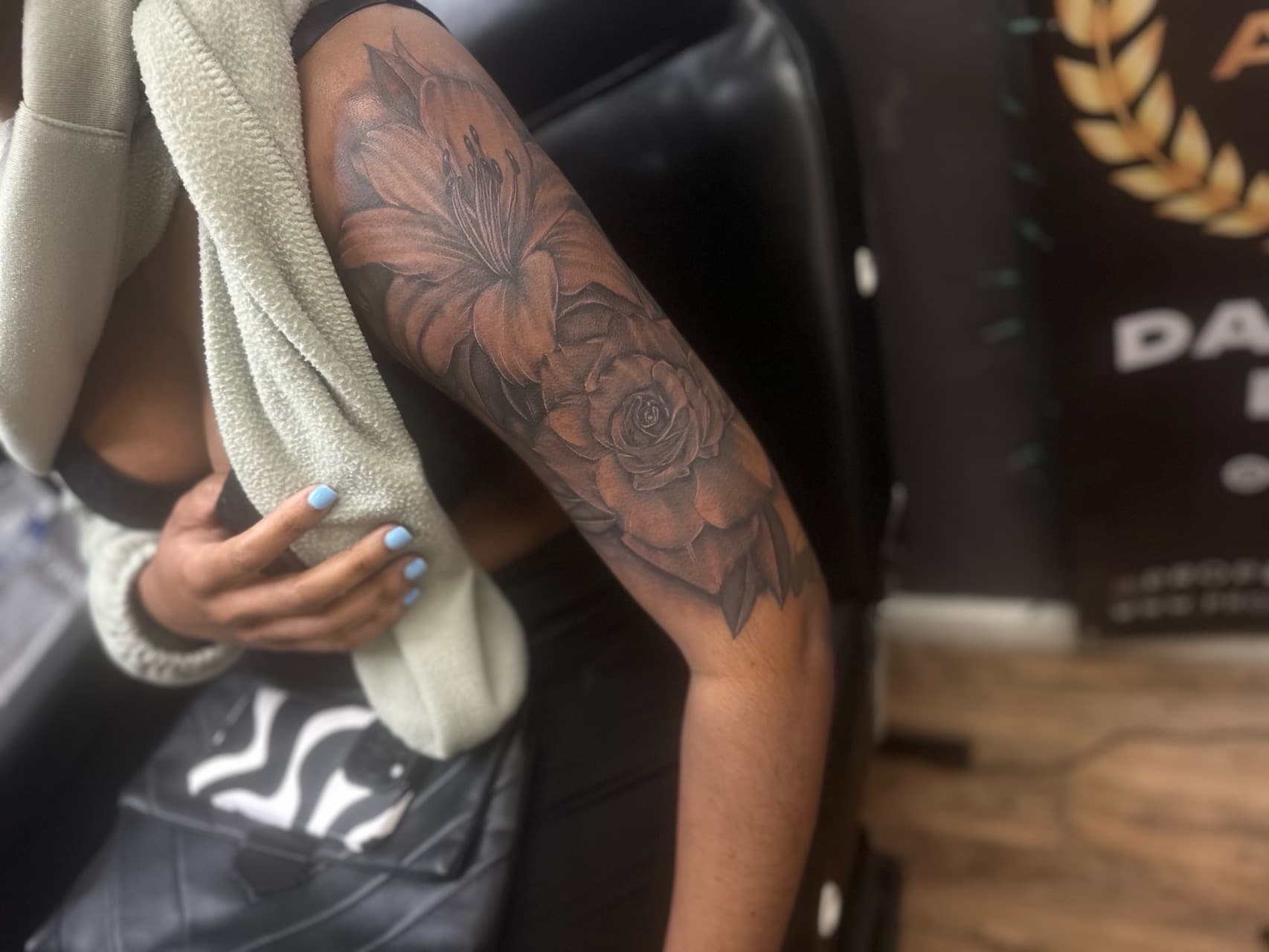 Floral + Black & Grey lily tattoo on Half Sleeve by Pooh_Ink on TattMe