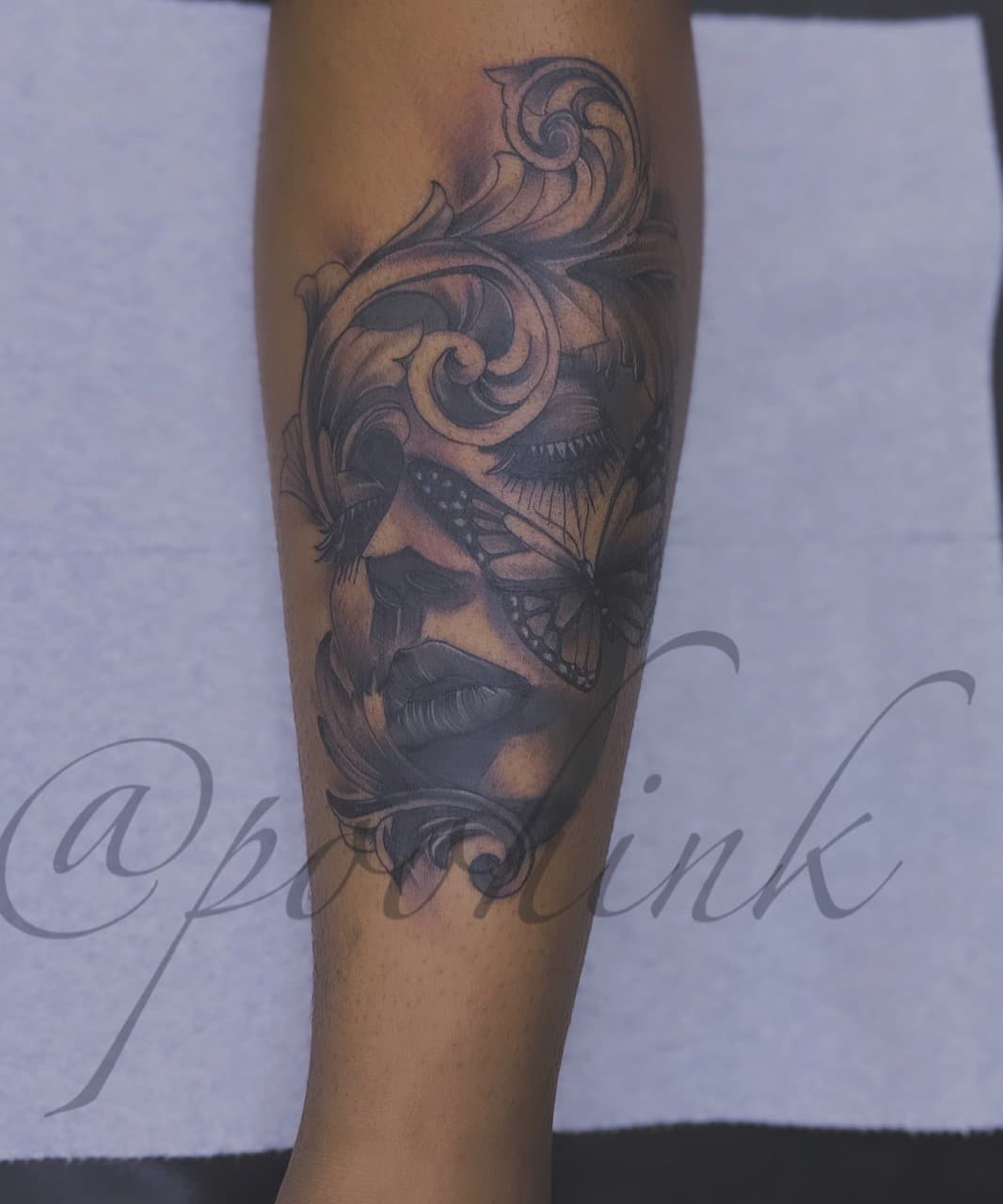 Black & Grey + Illustrative woman tattoo on Calf by Pooh_Ink on TattMe