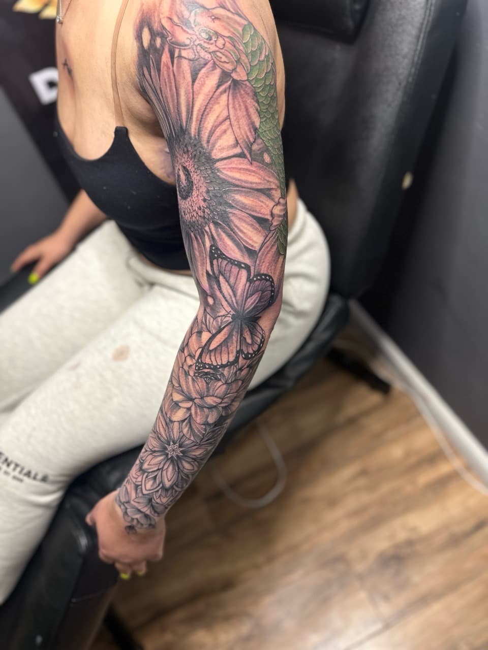 Floral + Illustrative snake tattoo on Full Sleeve by Pooh_Ink on TattMe