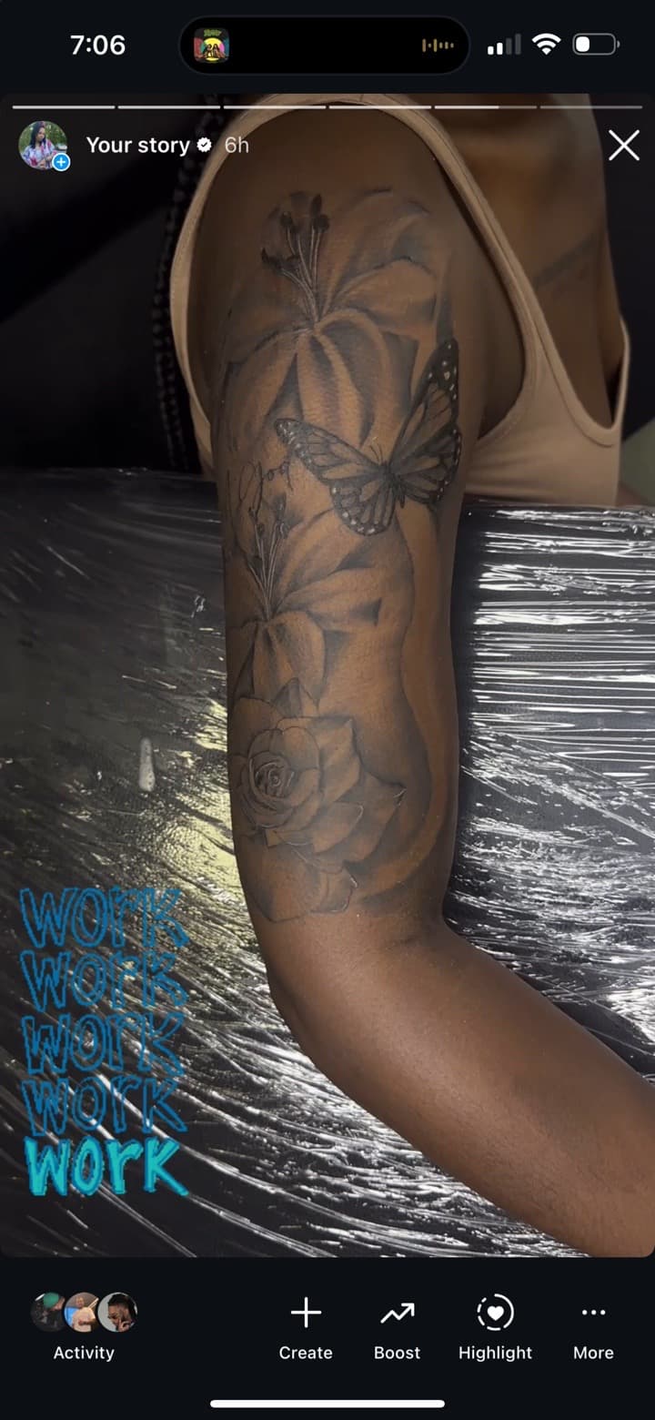 Black & Grey + Floral butterfly tattoo on Upper Arm by Pooh_Ink on TattMe