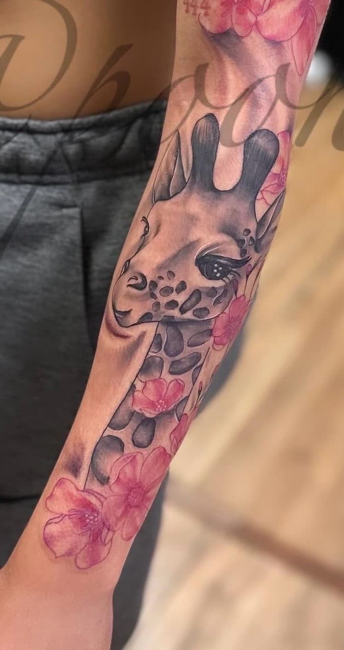 Black & Grey + Color giraffe tattoo on Forearm by Pooh_Ink on TattMe