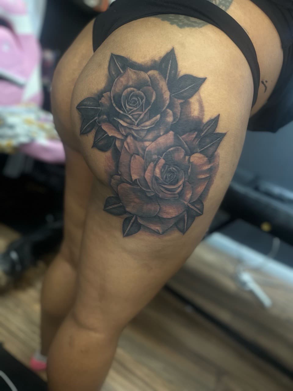 Black & Grey + Floral roses tattoo on Buttocks by Pooh_Ink on TattMe