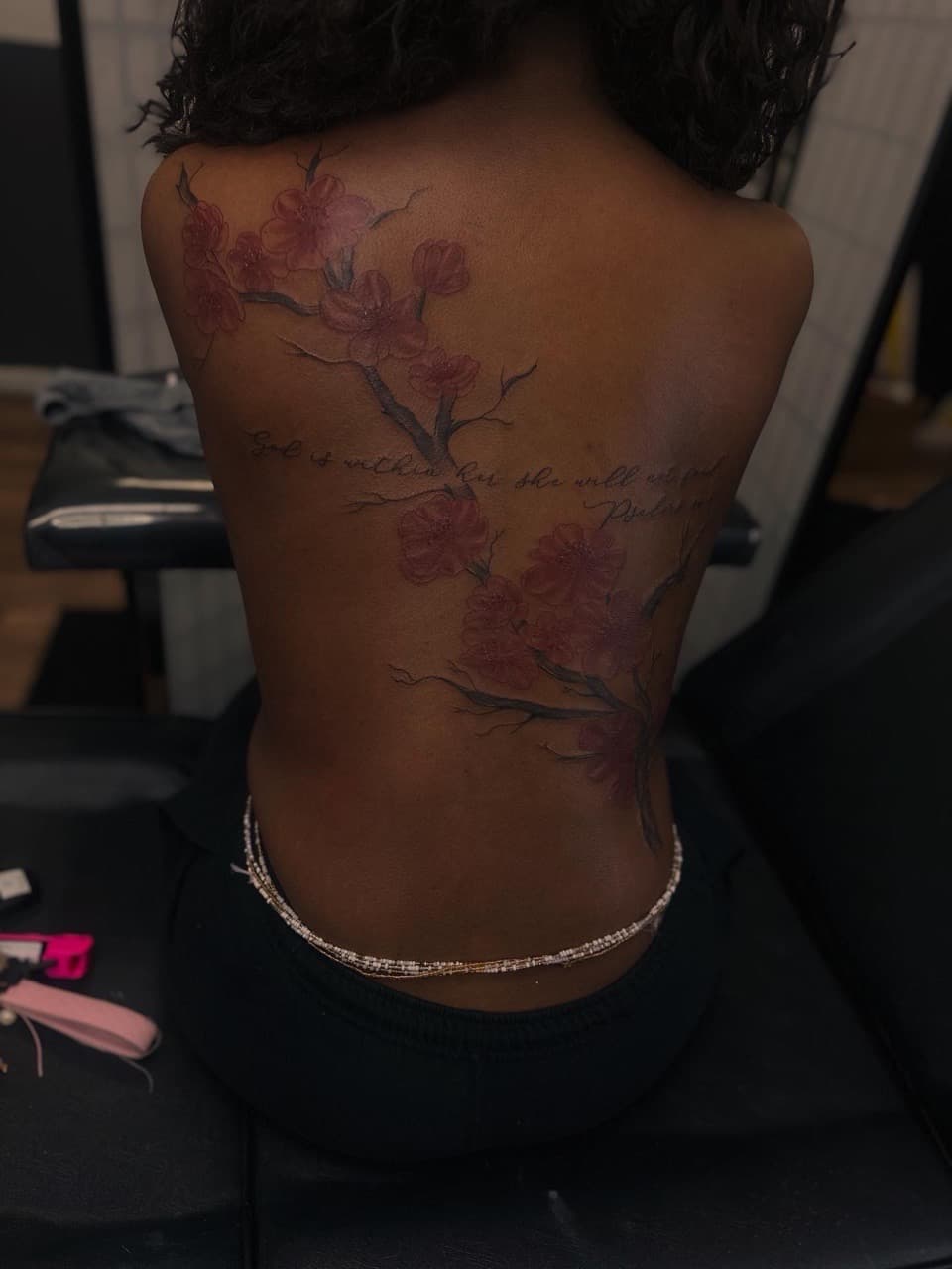 Floral + Color cherry blossoms tattoo on Upper Back by Pooh_Ink on TattMe