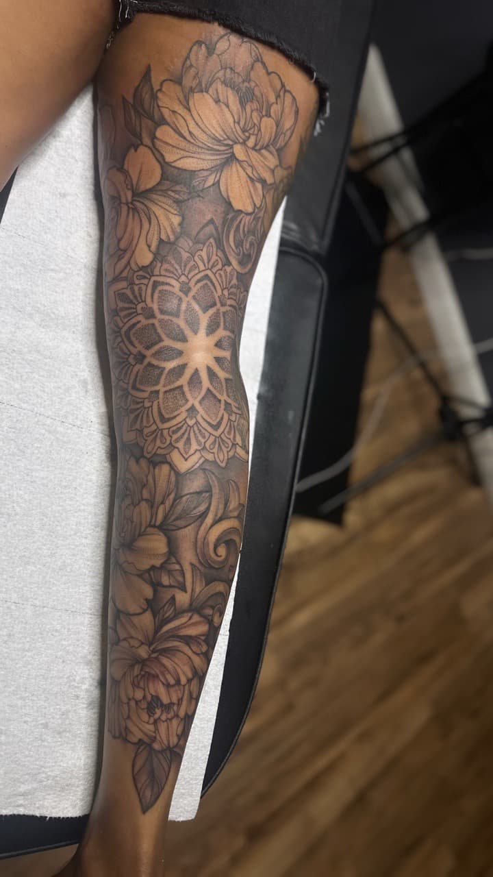 Black & Grey + Floral flowers tattoo on Full Leg Sleeve by Pooh_Ink on TattMe