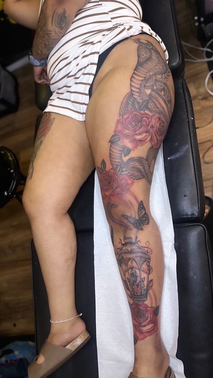 Illustrative + Black & Grey snake tattoo on Full Leg Sleeve by Pooh_Ink on TattMe