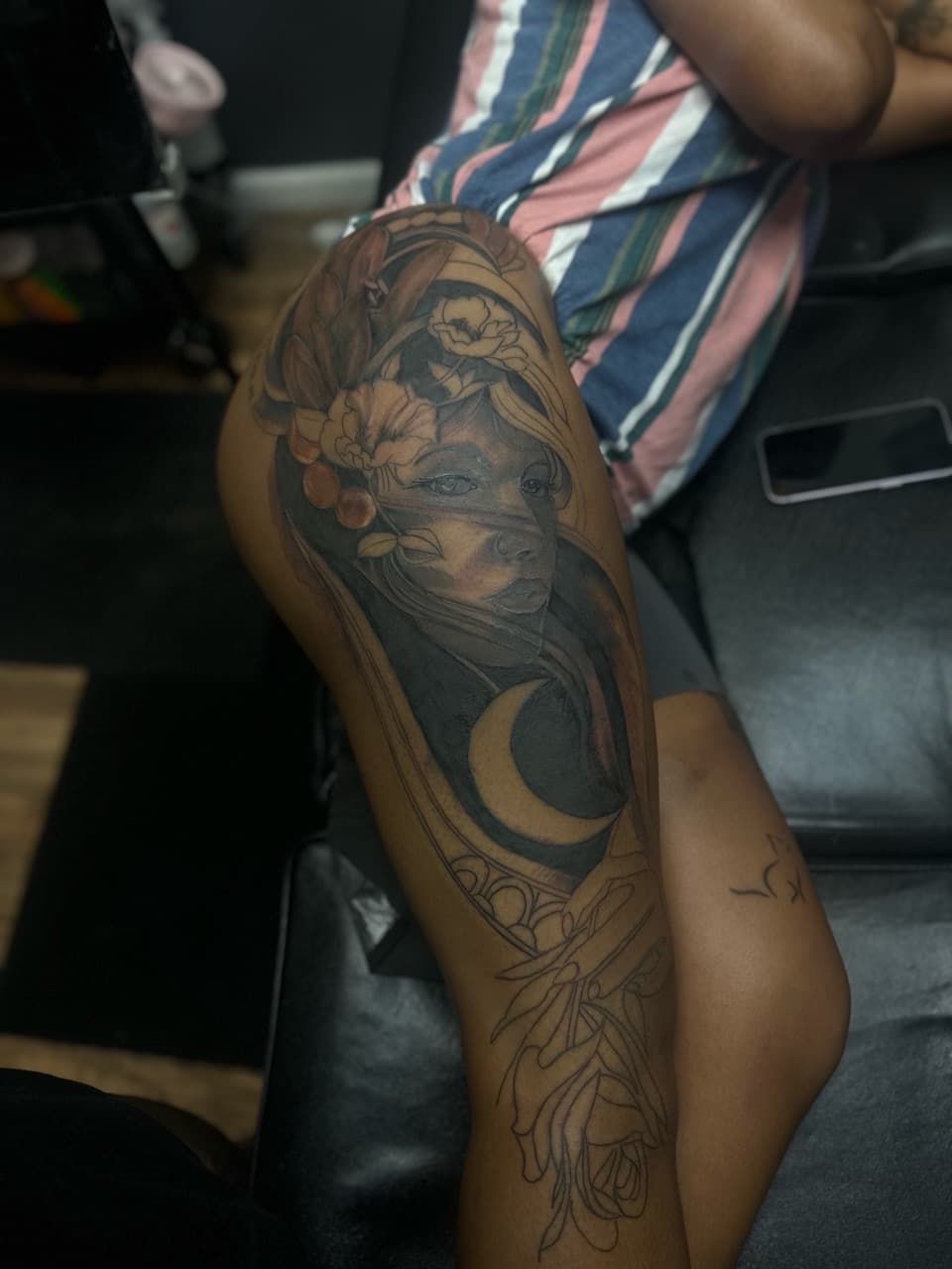 Black & Grey + Illustrative woman tattoo on Thigh by Pooh_Ink on TattMe