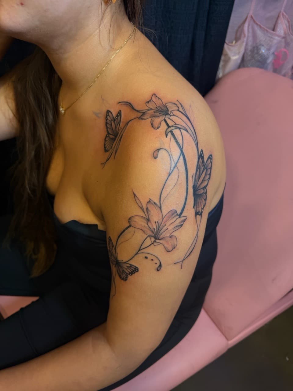 Fine Line + Floral butterflies tattoo on Shoulder by Pooh_Ink on TattMe