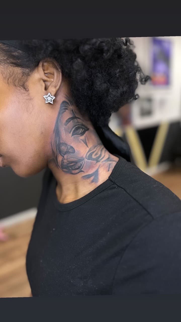 Black & Grey + Realism woman tattoo on Neck (Side) by Pooh_Ink on TattMe