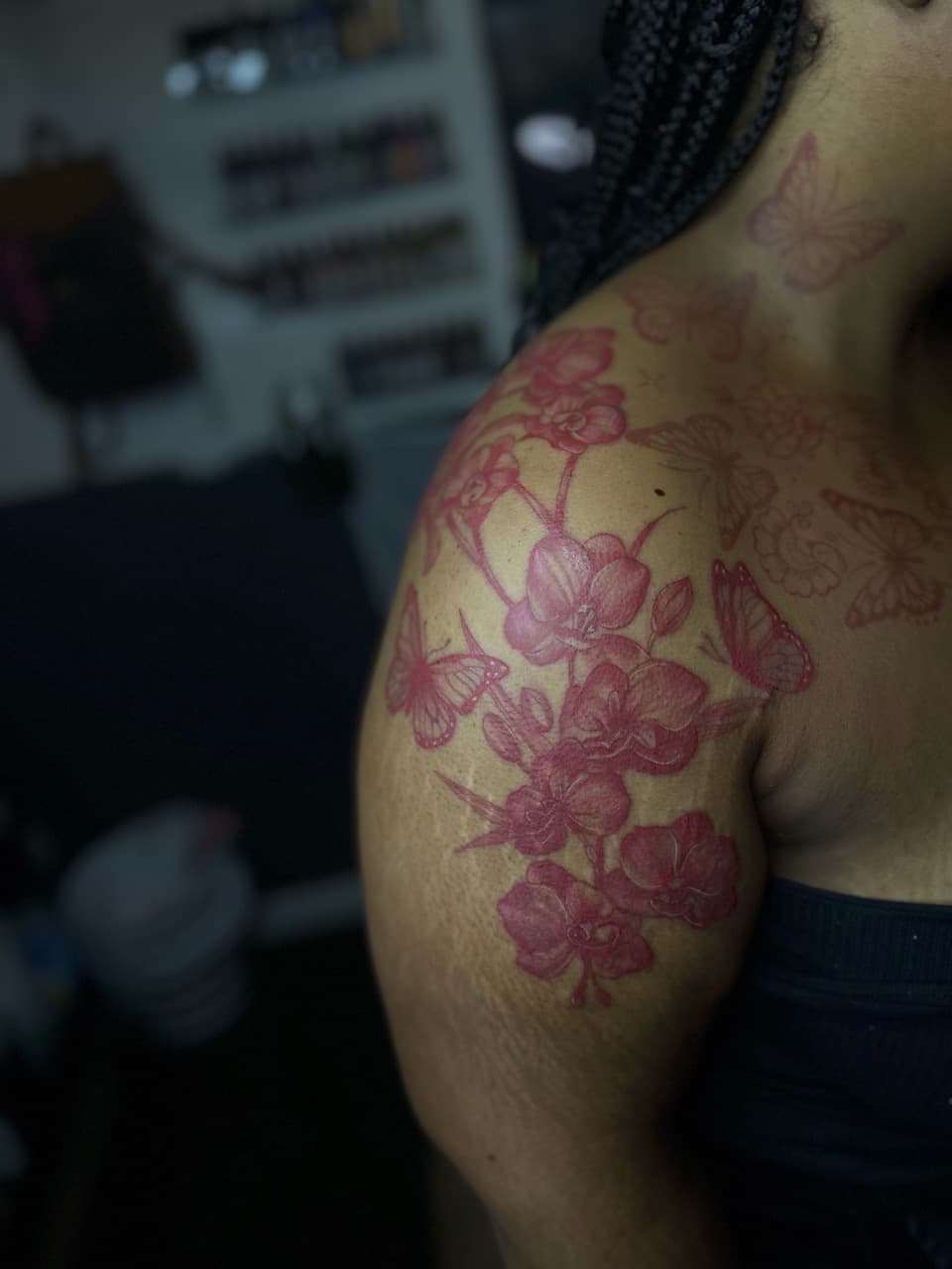 Floral + Fine Line orchids tattoo on Shoulder by Pooh_Ink on TattMe