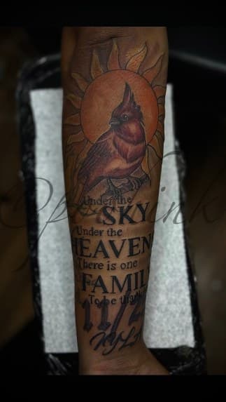 Color + Lettering cardinal tattoo on Forearm by Pooh_Ink on TattMe