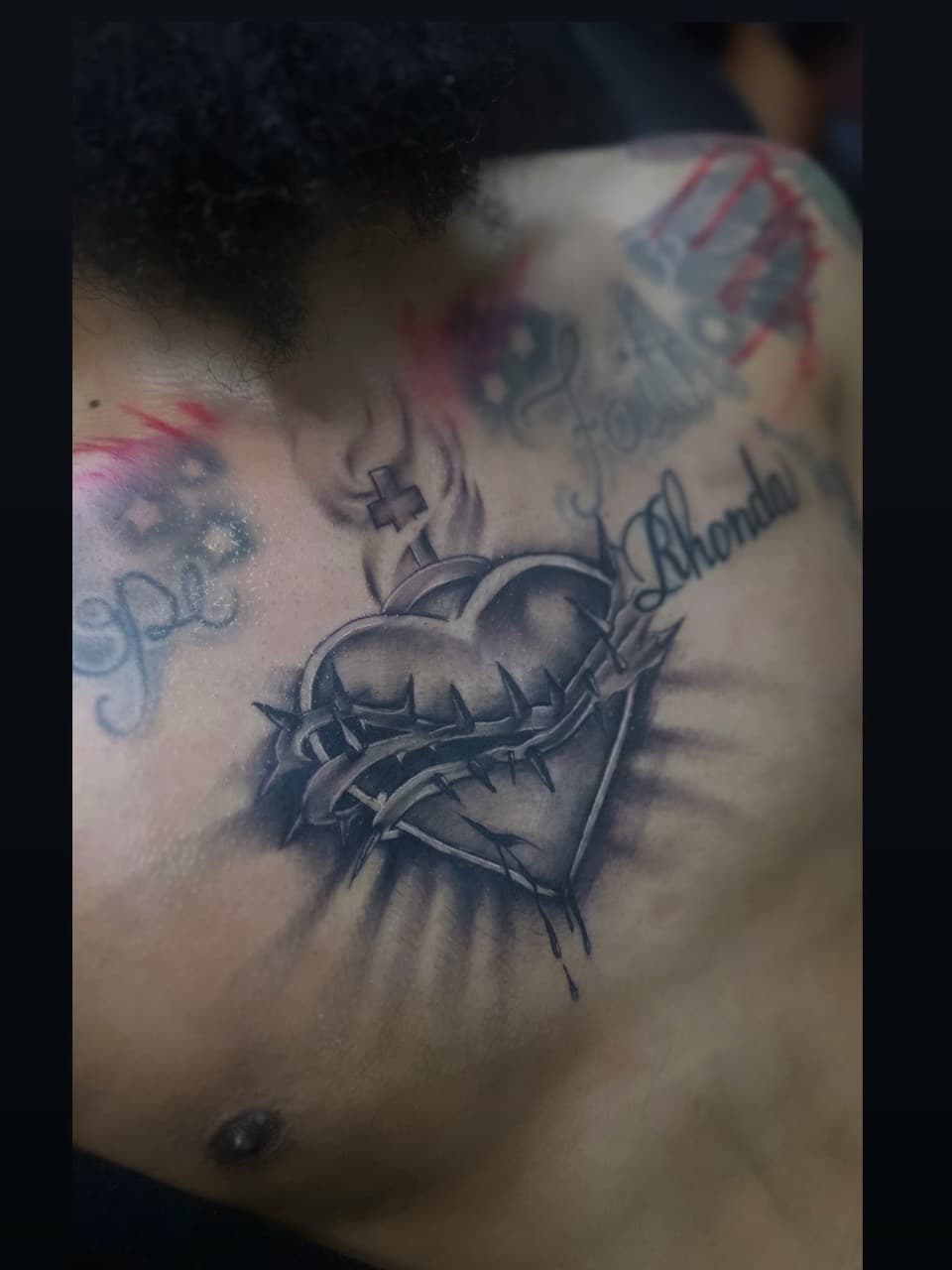 Black & Grey + Religious heart tattoo on Chest by Pooh_Ink on TattMe