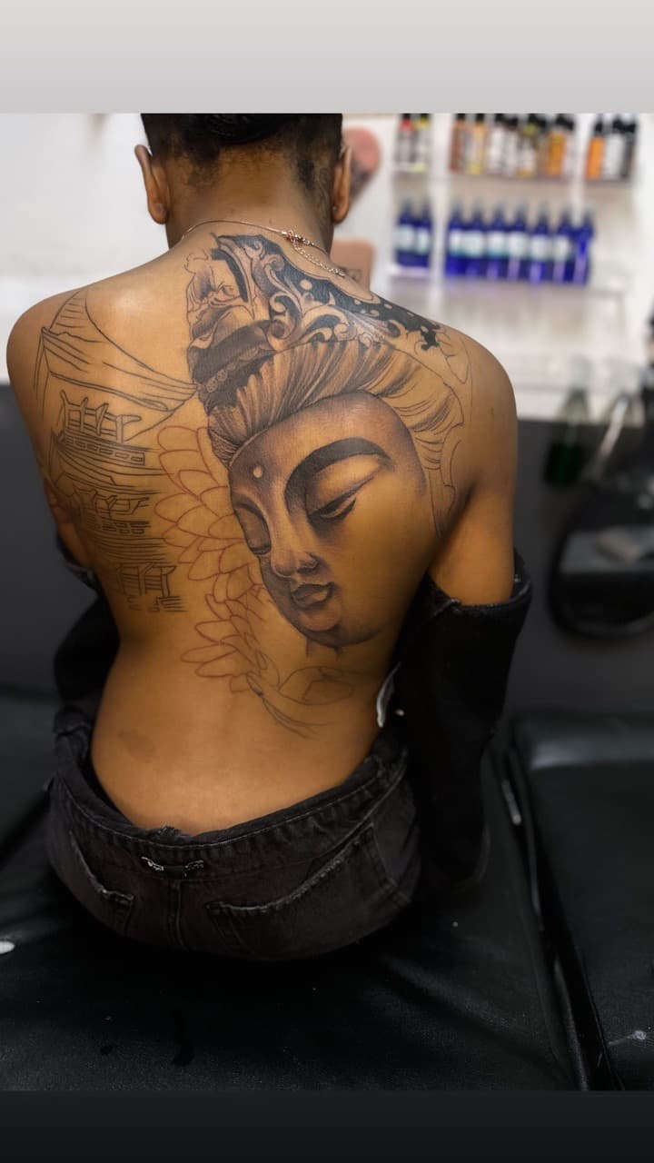 Black & Grey + Japanese buddha tattoo on Upper Back by Pooh_Ink on TattMe