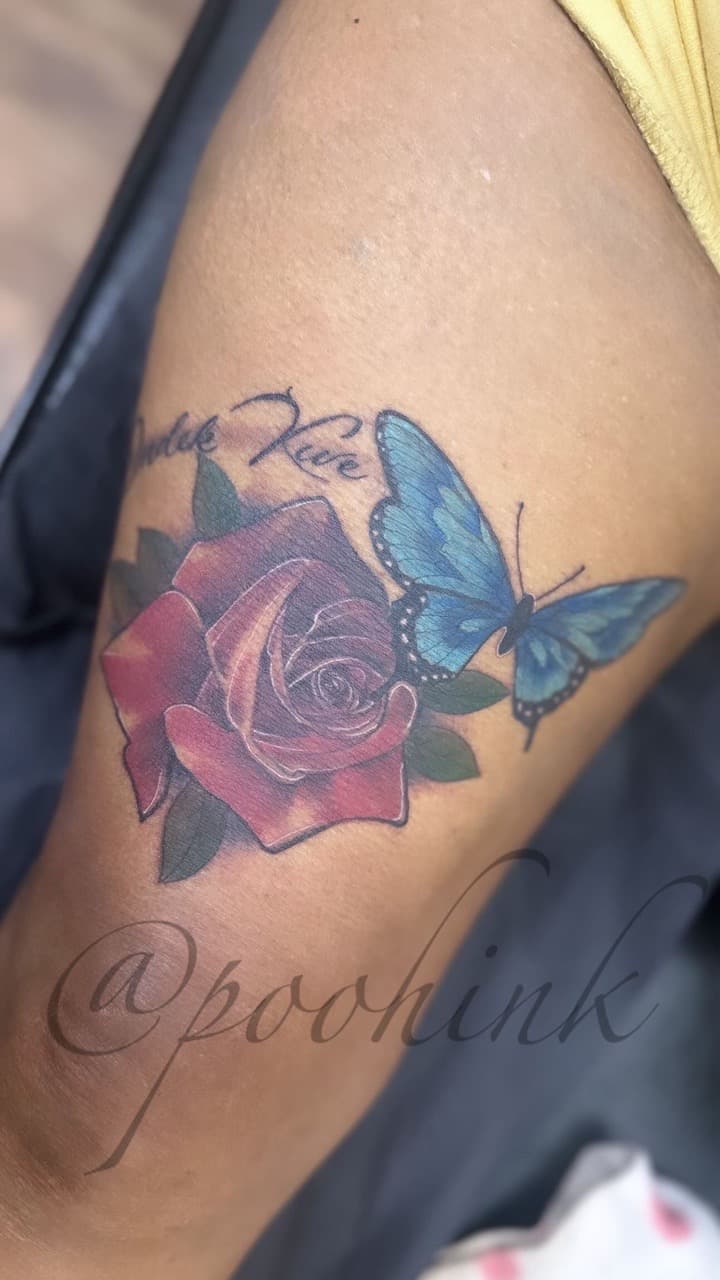Illustrative + Color rose tattoo on Thigh by Pooh_Ink on TattMe
