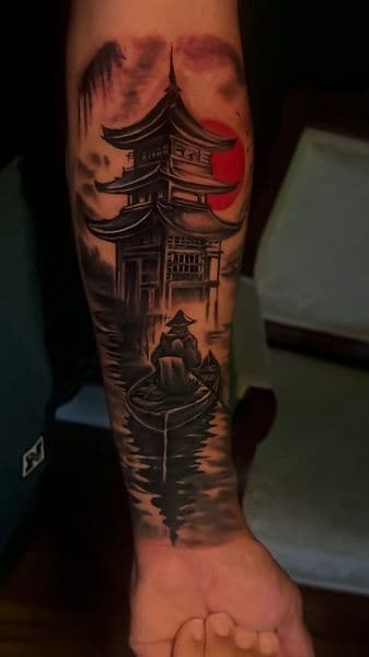 Japanese + Black & Grey pagoda tattoo on Forearm by Incredible_Ink on TattMe
