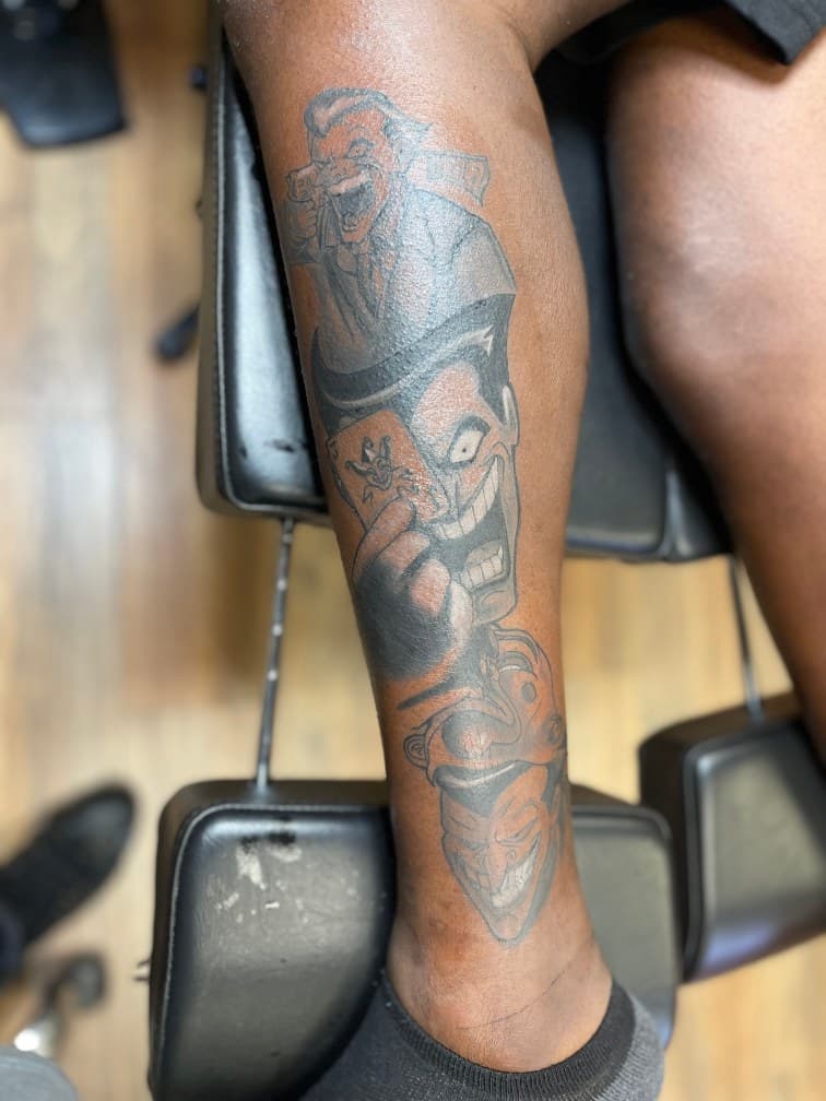 Black & Grey + Illustrative joker tattoo on Calf by 19ktattoos on TattMe