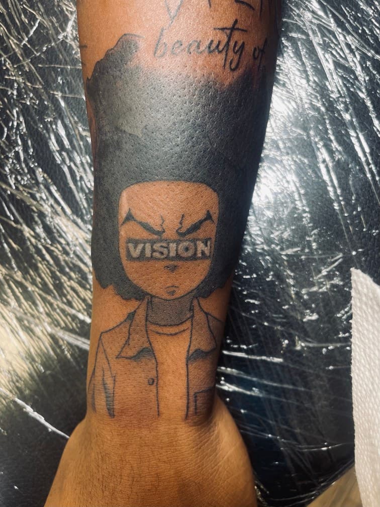 Cartoon + Black-work afro tattoo on Forearm by 19ktattoos on TattMe