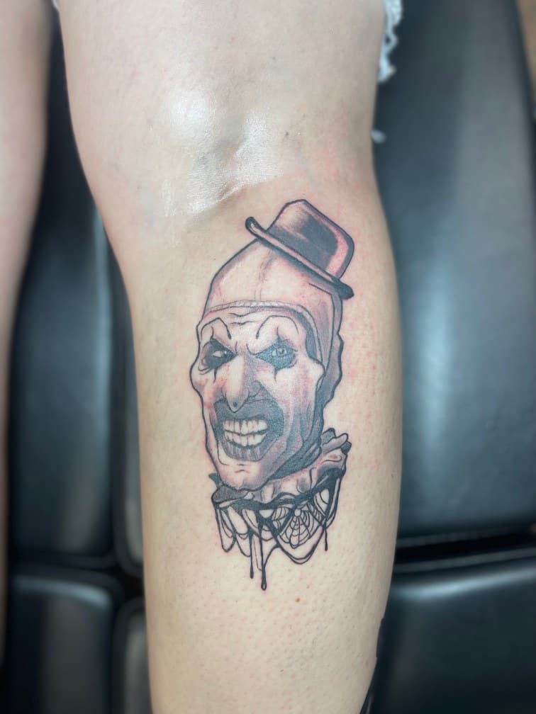 Black & Grey + Horror clown tattoo on Calf by 19ktattoos on TattMe