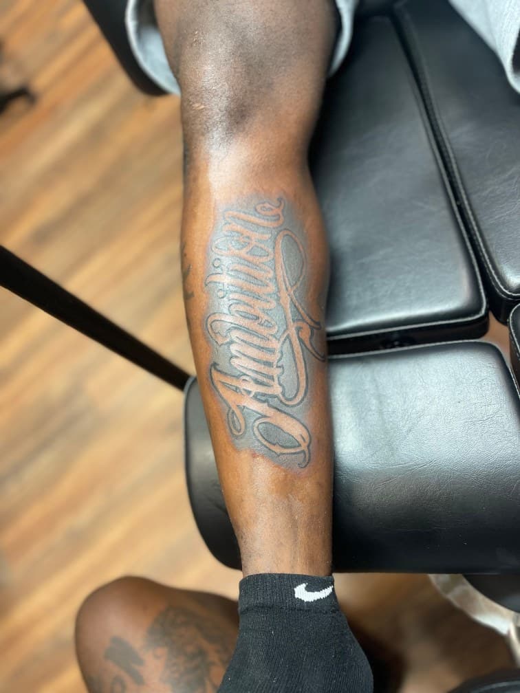 Lettering + Script name tattoo on Calf by 19ktattoos on TattMe