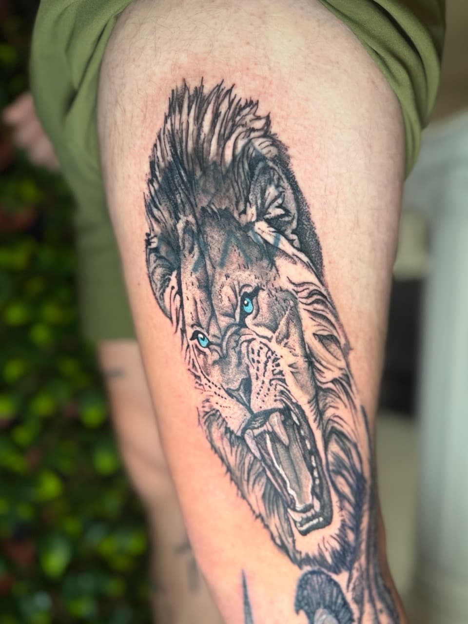 Realism + Black & Grey lion tattoo on Thigh by Edwaun_Randall on TattMe