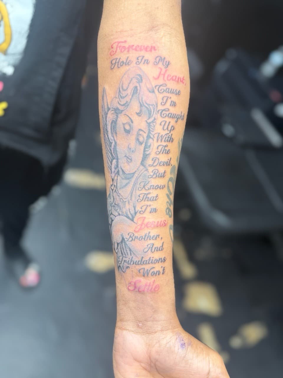 Lettering + Script angel tattoo on Forearm by Edwaun_Randall on TattMe