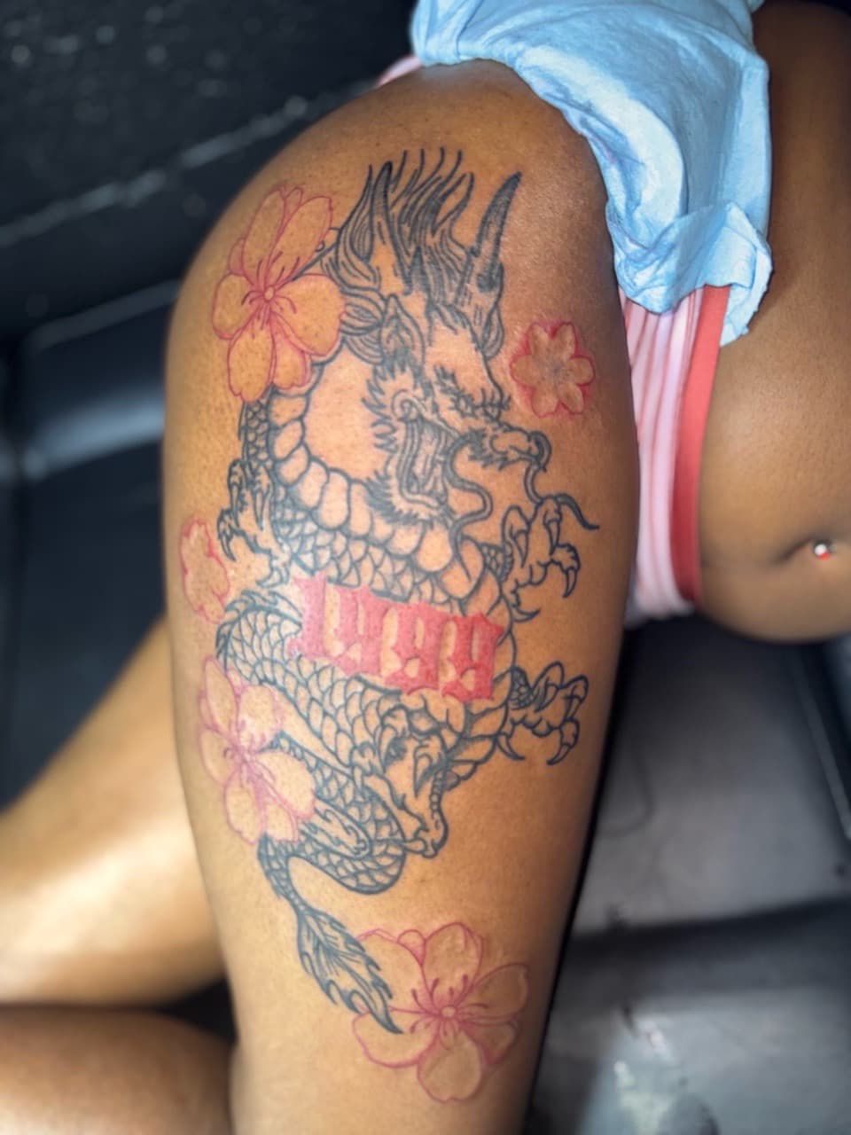 Japanese + Line-work dragon tattoo on Thigh by Edwaun_Randall on TattMe