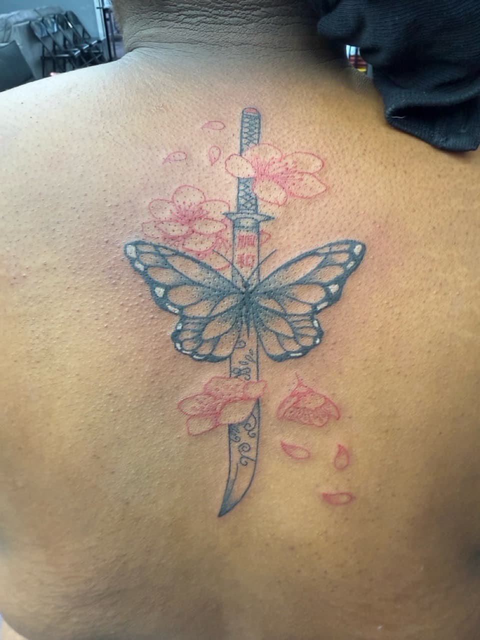 Fine Line + Black & Grey butterfly tattoo on Upper Back by Edwaun_Randall on TattMe