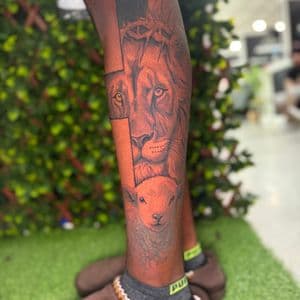Realism + Black & Grey lion tattoo on Calf by Edwaun_Randall on TattMe