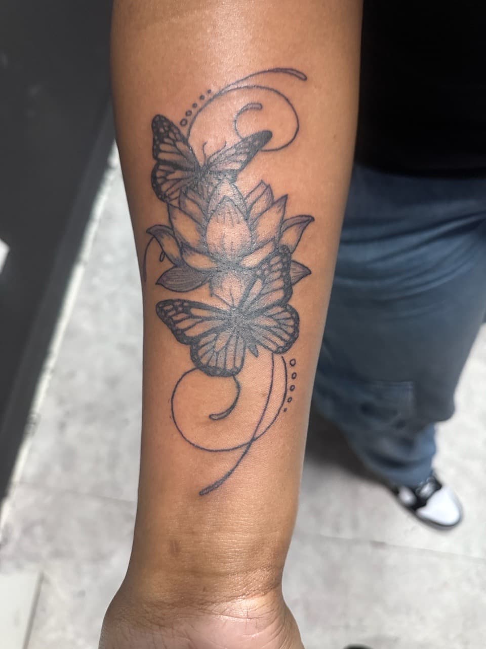 Fine Line + Black-work butterflies tattoo on Forearm by Edwaun_Randall on TattMe