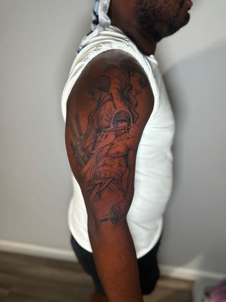 Anime + Black & Grey anime tattoo on Half Sleeve by Edwaun_Randall on TattMe
