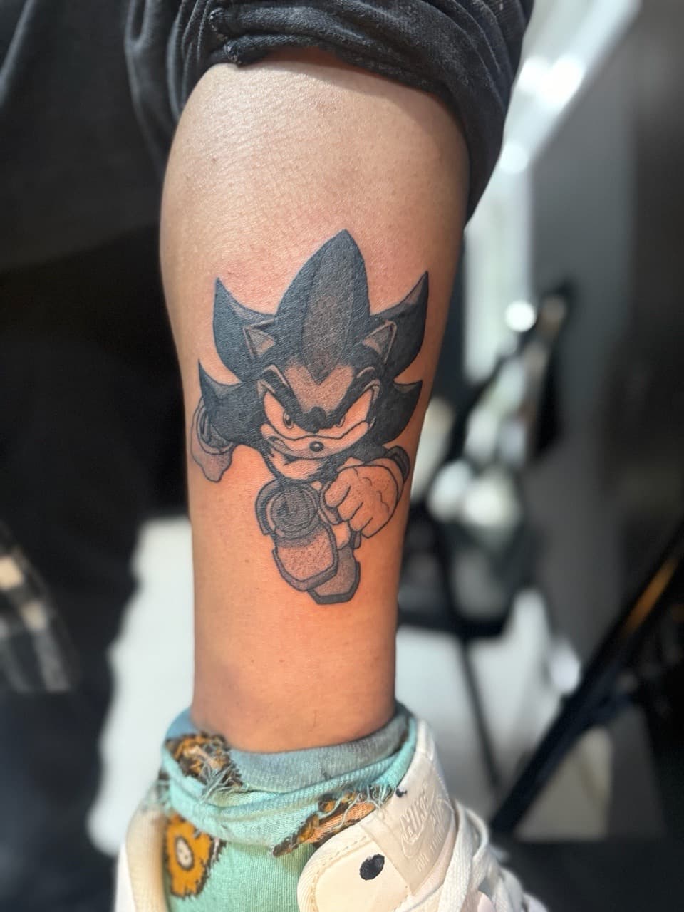Black & Grey + Cartoon shadow the hedgehog tattoo on Calf by Edwaun_Randall on TattMe