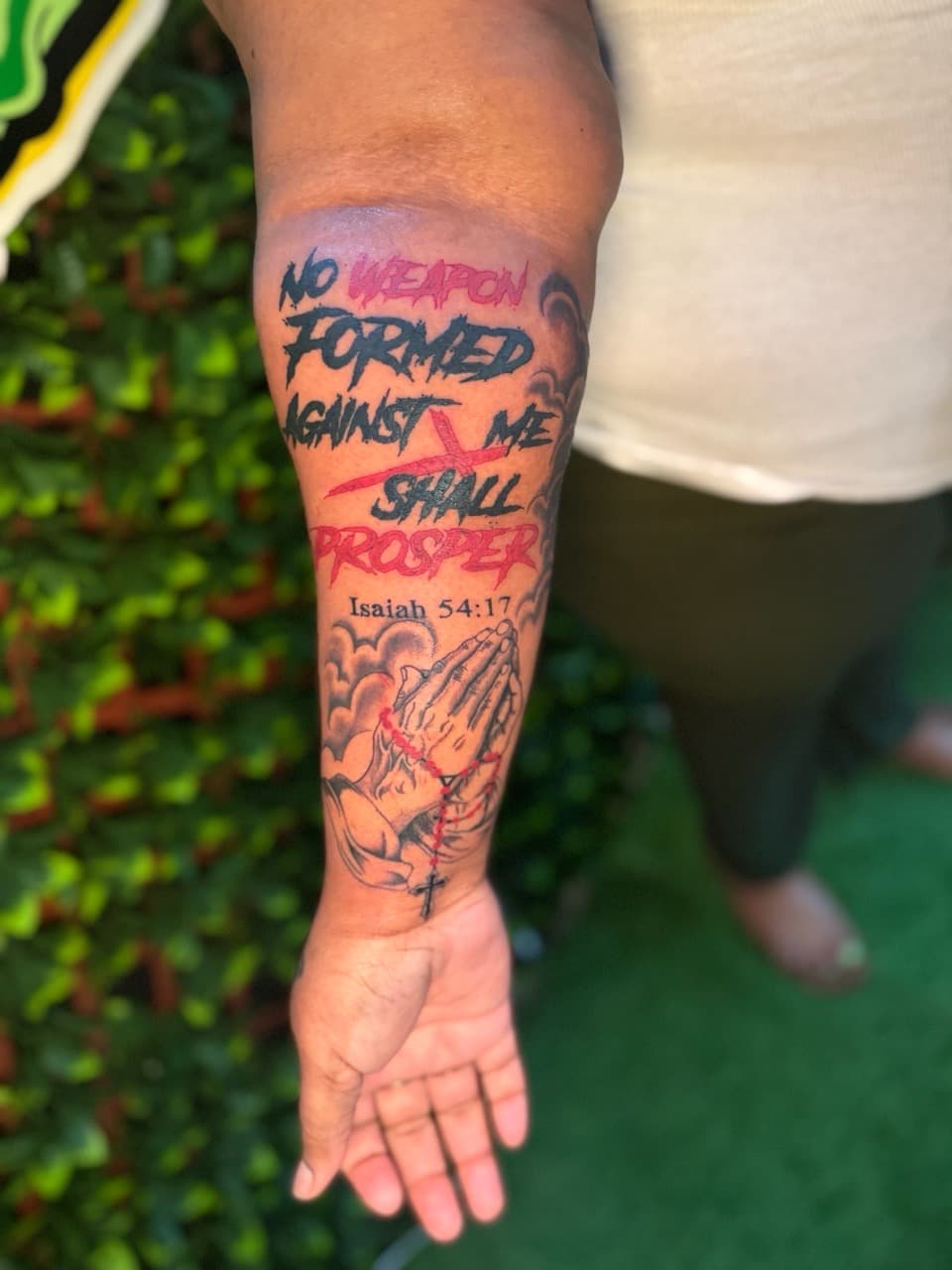 Lettering + Black & Grey praying hands tattoo on Forearm by Edwaun_Randall on TattMe