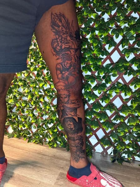 Anime + Black-work anime tattoo on Full Leg Sleeve by Edwaun_Randall on TattMe